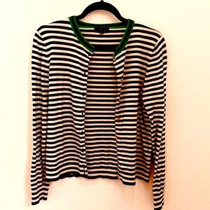 J. Crew blue & cream cardigan with green collar and gold buttons. Size Medium.